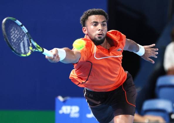 September 26, 2024, Tokyo, Japan - Arthur Fils of France retuens the ball against Taylor Fritz of the United States at the first round match of the Japan Open Tennis championships at the Ariake Colosseum in Tokyo on Thursday, September 26, 2024. (photo by Yoshio Tsunoda AFLO) Noxthirdxpartyxsales  (267885429)