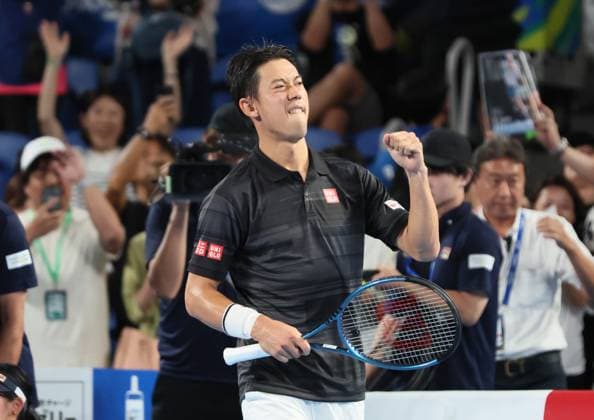 September 26, 2024, Tokyo, Japan - Japan s Kei Nishikori clinches his fist as he defeated Marin Cilic of Croatia at the first round match of the Japan Open Tennis championships at the Ariake Colosseum in Tokyo on Thursday, September 26, 2024. (photo by Yoshio Tsunoda AFLO) Noxthirdxpartyxsales  (0764908396st)