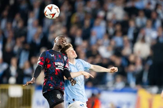240926 Mohamed Diomande of Rangers and Oliver Berg of Malmö FF during the UEFA Europa League football match between Malmö FF and Rangers on September 26, 2024 in Malmö Photo Petter Arvidson BILDBYRAN kod PA PA0884 fotboll football soccer fotball uefa europa league malmö ff rangers bbeng  Copyright: PETTERxARVIDSON BB240926PA061