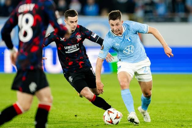 240926 Thomas Lawrence of Rangers and Lasse Berg Johnsen of Malmö FF during the UEFA Europa League football match between Malmö FF and Rangers on September 26, 2024 in Malmö Photo Petter Arvidson BILDBYRAN kod PA PA0884 fotboll football soccer fotball uefa europa league malmö ff rangers bbeng  Copyright: PETTERxARVIDSON BB240926PA081