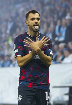 Nedim Bajrami of Rangers celebrates scoring his sides first goal during UEFA Europa League match at Eleda Stadion. Malmo v Rangers, UEFA Europa League, Group Stage, Football, Eleda Stadion, Malmo, Sweden - 26 Sep 2024 EDITORIAL USE ONLY No use with unauthorised audio, video, data, fixture lists, club league logos or live services. Online in-match use limited to 120 images, no video emulation. No use in betting, games or single club league player publications.  Copyright: xKirkxO Rourke RangersxFC Shutterstockx 14741007aa