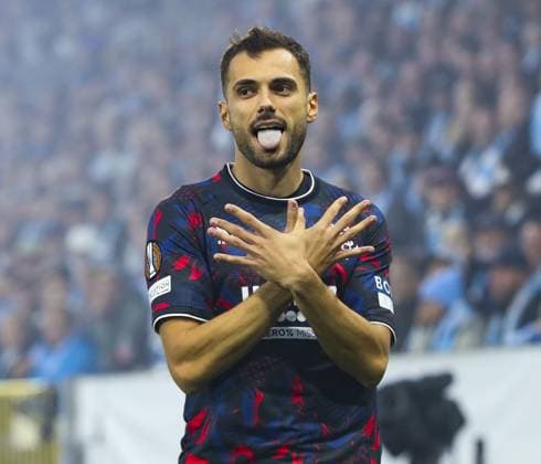 Nedim Bajrami of Rangers celebrates scoring his sides first goal during UEFA Europa League match at Eleda Stadion. Malmo v Rangers, UEFA Europa League, Group Stage, Football, Eleda Stadion, Malmo, Sweden - 26 Sep 2024 EDITORIAL USE ONLY No use with unauthorised audio, video, data, fixture lists, club league logos or live services. Online in-match use limited to 120 images, no video emulation. No use in betting, games or single club league player publications.  Copyright: xKirkxO Rourke RangersxFC Shutterstockx 14741007x