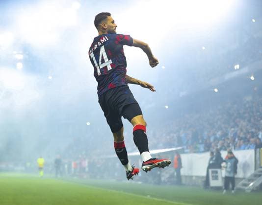 Nedim Bajrami of Rangers celebrates scoring his sides first goal during UEFA Europa League match at Eleda Stadion. Malmo v Rangers, UEFA Europa League, Group Stage, Football, Eleda Stadion, Malmo, Sweden - 26 Sep 2024 EDITORIAL USE ONLY No use with unauthorised audio, video, data, fixture lists, club league logos or live services. Online in-match use limited to 120 images, no video emulation. No use in betting, games or single club league player publications.  Copyright: xKirkxO Rourke RangersxFC Shutterstockx 14741007y