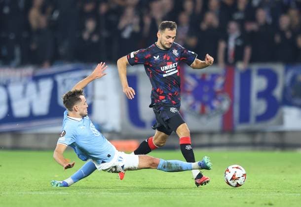 Nedim Bajrami of Rangers is fouled by Colin Rosler of Malmo Malmo v Rangers, UEFA Europa League, Group Stage, Football, Eleda Stadion, Malmo, Sweden, 26 Sep 2024 EDITORIAL USE ONLY No use with unauthorised audio, video, data, fixture lists, club league logos or live services. Online in-match use limited to 120 images, no video emulation. No use in betting, games or single club league player publications.  Copyright: xMichaelxZemanek Shutterstockx 14739047q
