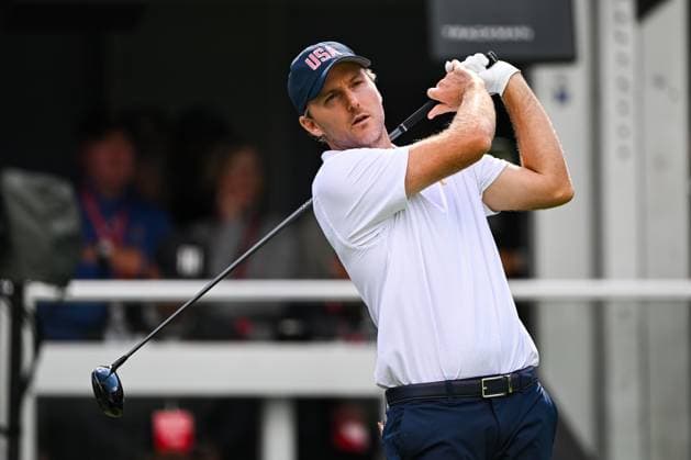 MONTREAL, QC - SEPTEMBER 26: Team USA golfer Russell Henley swings his tee shot on first hole at the 2024 Presidents Cup on September 26, 2024 at The Royal Montreal Golf Club in Montreal, QC (Photo by David Kirouac Icon Sportswire) GOLF: SEP 26 Presidents Cup EDITORIAL USE ONLY Icon240926031