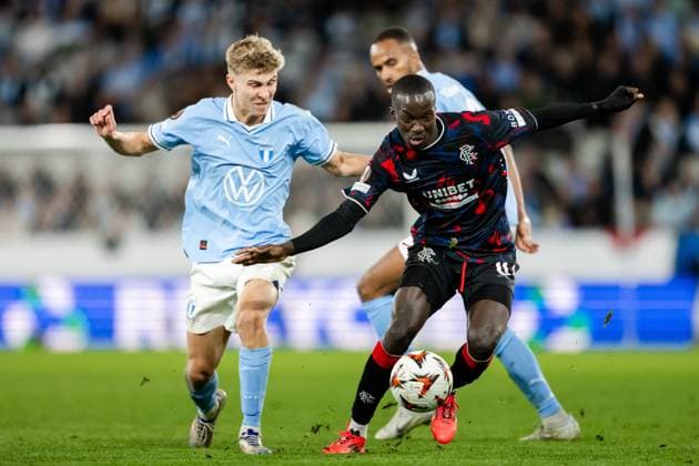 240926 Hugo Bolin of Malmö FF and Mohamed Diomande of Rangers during the UEFA Europa League football match between Malmö FF and Rangers on September 26, 2024 in Malmö Photo Petter Arvidson BILDBYRAN kod PA PA0884 fotboll football soccer fotball uefa europa league malmö ff rangers bbeng  Copyright: PETTERxARVIDSON BB240926PA097