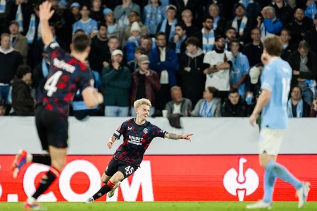 240926 Ross McCausland of Rangers celebrates after the 0 2 goal during the UEFA Europa League football match between Malmö FF and Rangers on September 26, 2024 in Malmö Photo Petter Arvidson BILDBYRAN kod PA PA0884 fotboll football soccer fotball uefa europa league malmö ff rangers bbeng jubel  Copyright: PETTERxARVIDSON BB240926PA106