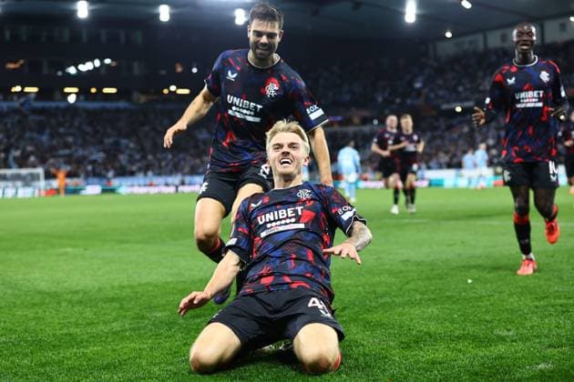 Ross McCausland of Rangers celebrates scoring his sides second goal Malmo v Rangers, UEFA Europa League, Group Stage, Football, Eleda Stadion, Malmo, Sweden, 26 Sep 2024 EDITORIAL USE ONLY No use with unauthorised audio, video, data, fixture lists, club league logos or live services. Online in-match use limited to 120 images, no video emulation. No use in betting, games or single club league player publications.  Copyright: xMichaelxZemanek Shutterstockx 14739047ae