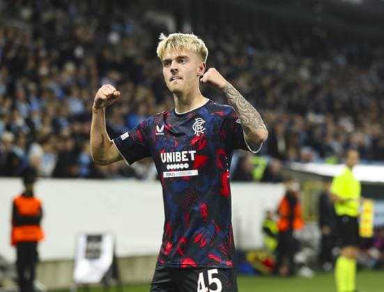 Ross McCausland of Rangers celebrates scoring his sides second goal during UEFA Europa League match at Eleda Stadion. Malmo v Rangers, UEFA Europa League, Group Stage, Football, Eleda Stadion, Malmo, Sweden - 26 Sep 2024 EDITORIAL USE ONLY No use with unauthorised audio, video, data, fixture lists, club league logos or live services. Online in-match use limited to 120 images, no video emulation. No use in betting, games or single club league player publications.  Copyright: xKirkxO Rourke RangersxFC Shutterstockx 14741007bx
