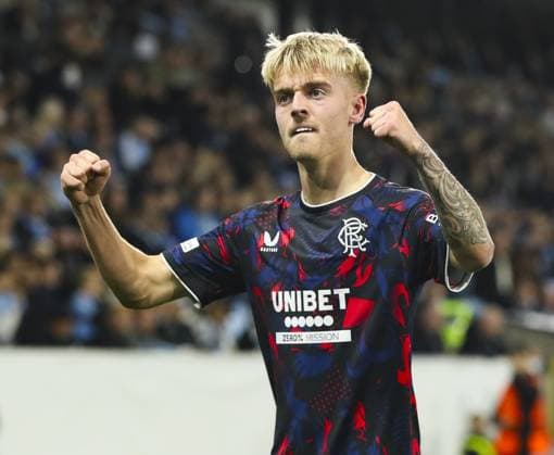 Ross McCausland of Rangers celebrates scoring his sides second goal during UEFA Europa League match at Eleda Stadion. Malmo v Rangers, UEFA Europa League, Group Stage, Football, Eleda Stadion, Malmo, Sweden - 26 Sep 2024 EDITORIAL USE ONLY No use with unauthorised audio, video, data, fixture lists, club league logos or live services. Online in-match use limited to 120 images, no video emulation. No use in betting, games or single club league player publications.  Copyright: xKirkxO Rourke RangersxFC Shutterstockx 14741007cc
