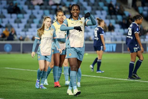 Khadija Shaw of Manchester City scores the 2nd goal and c celebrates Manchester City Women v Paris Women, UEFA Women s Champions League, Second Round, Second Leg, Football, Joie Stadium , Manchester, UK, 26 Sep 2024 EDITORIAL USE ONLY No use with unauthorised audio, video, data, fixture lists, club league logos or live services. Online in-match use limited to 120 images, no video emulation. No use in betting, games or single club league player publications. Copyright: xPaulxCurrie Shutterstockx 14739053q