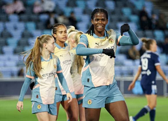 Khadija Shaw of Manchester City scores the 2nd goal and c celebrates Manchester City Women v Paris Women, UEFA Women s Champions League, Second Round, Second Leg, Football, Joie Stadium , Manchester, UK, 26 Sep 2024 EDITORIAL USE ONLY No use with unauthorised audio, video, data, fixture lists, club league logos or live services. Online in-match use limited to 120 images, no video emulation. No use in betting, games or single club league player publications. Copyright: xPaulxCurrie Shutterstockx 14739053t
