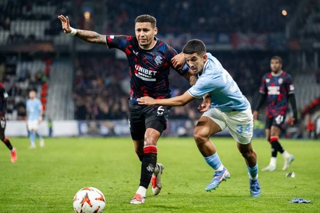 240926 James Tavernier of Rangers and Zakaria Loukili of Malmö FF during the UEFA Europa League football match between Malmö FF and Rangers on September 26, 2024 in Malmö Photo Petter Arvidson BILDBYRAN kod PA PA0884 fotboll football soccer fotball uefa europa league malmö ff rangers bbeng  Copyright: PETTERxARVIDSON BB240926PA115