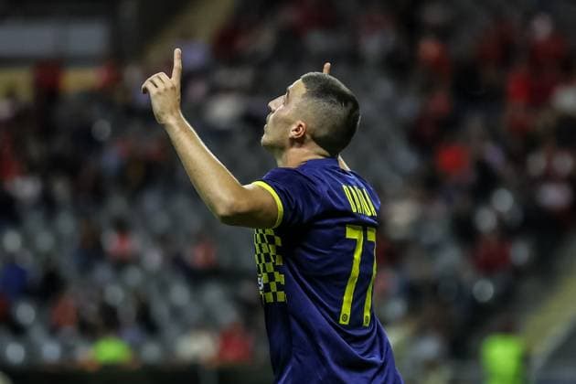 Braga, Portugal, September 26th, 2024: Davida (77 Maccabi Tel Aviv) in action celebrating his goal during the UEFA Europa League game between SC Braga vs Maccabi Tel Aviv at Estadio Municipal de Braga, Portugal (Joao Bravo SPP) Copyright: xJoaoxBravoxx xSPPx spp-en-JoBr-JBF-5205