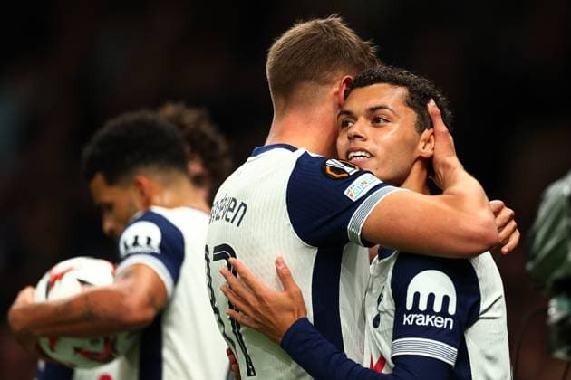 26th September 2024; Tottenham Hotspur Stadium, London, England; UEFA Europa League Football, Tottenham Hotspur versus Qarabag; Brennan Johnson of Tottenham Hotspur celebrates after scoring the opening goal for 1-0 in the 12th minute  ActionPlus12696735 ShaunxBrooks