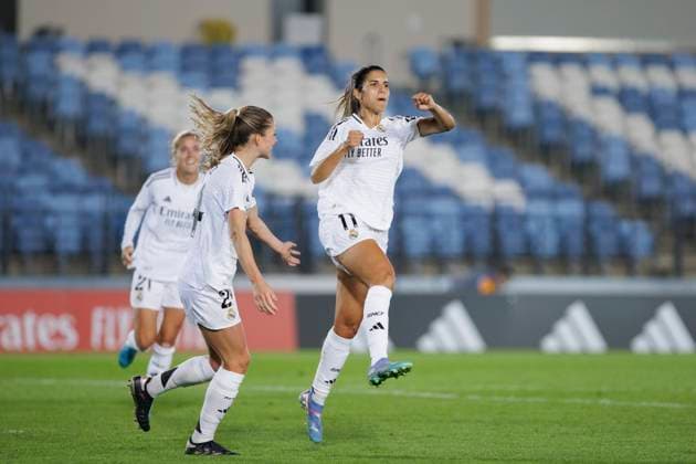 UEFA Women s Champions League - Real Madrid vs Sporting Portugal MADRID, SPAIN - SEPTEMBER 26 : Alba Redondo of Real Madrid women celebrates a goal during the UEFA Women s Champions League 24 25 match, Round 2, second leg between Real Madrid and Sporting Portugal at Alfredo Di Stefano stadium in Madrid. (Photo by Guillermo Martinez) Madrid Alfredo Di Stefano Stadium Spain Copyright: xGuillermoxMartinezx