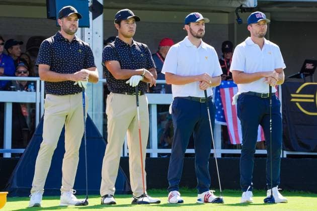 September 26, 2024, Montreal, Quebec, USA: (L-R) Corey Conners (CAN), Hideki Matsuyama (JPN), Patrick Cantlay (USA) and Sam Burns (USA) pose for a photo on the first tee during Round 1 of the 2024 Presidents Cup at The Royal Montreal Golf Club. Montreal USA - ZUMAw109 20240926_fap_w109_002 Copyright: xDebbyxWongx