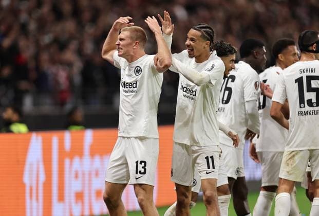 26 09 2024, Football UEFA Europa League, Eintracht Frankfurt FC Viktoria Pilsen, emonline, emspor, v l , Goal celebration to 3 1 by Rasmus Kristensen Eintracht Frankfurt , Hugo Ekitike Eintracht Frankfurt , Goal celebration, celebrate the goal DFL DFB REGULATIONS PROHIBIT ANY USE OF PHOTOGRAPHS AS IMAGE SEQUENCES AND OR QUASI VIDEO xdcx Copyright: HMBxMedia