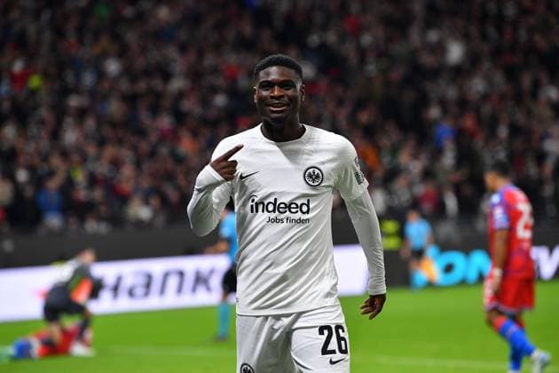 Soccer UEFA Europa League Matchday 1 Eintracht Frankfurt Viktoria Pilsen on 26 09 2024 at Deutsche Bank Park in Frankfurt Goal celebration for 2 1 by Eric Dina Ebimbe Frankfurt xJKx