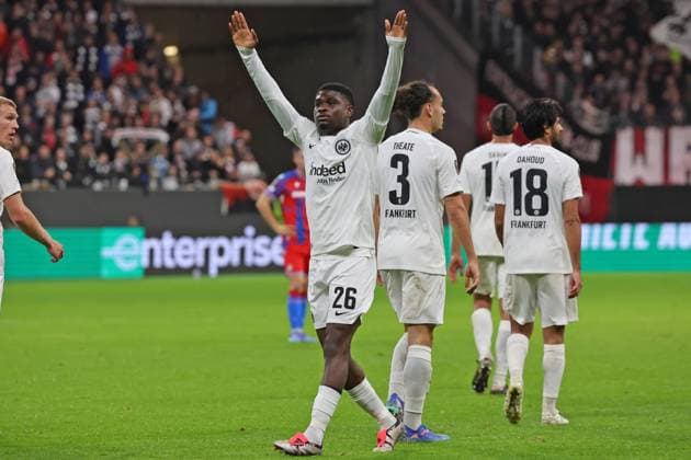 Goal celebration for 2 1 by scorer Eric Junior Dina Ebimbe Eintracht Frankfurt , No 26 , Eintracht Frankfurt FC Viktoria Pilsen , Soccer, UEFA Europa League , UEL, Season 2024 2025, Matchday 1, 26 09 2024,
