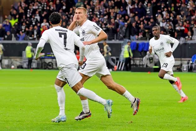 Frankfurt, Germany 26 September 2024 Europa League 2024 2025 Eintracht Frankfurt vs FC Viktoria Pilsen In the picture Goalscorer Rasmus Kristensen Frankfurt is happy about his first competitive goal for Eintracht Frankfurt for 3 1 Deutsche Bank Park Hessen Copyright: xFotostandx xRacochax