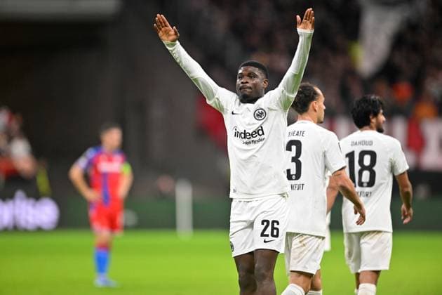 Soccer UEFA Europa League Matchday 1 Eintracht Frankfurt Viktoria Pilsen on 26 09 2024 at Deutsche Bank Park in Frankfurt Goal celebration for 2 1 by Eric Dina Ebimbe Frankfurt xJKx