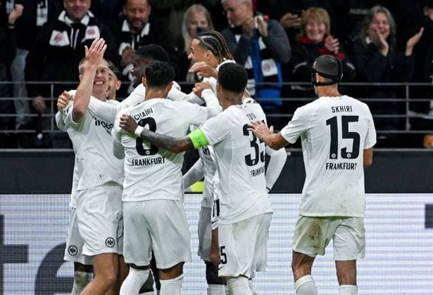 26 09 2024, xpsx, Fußball UEFA Europa League, Eintracht Frankfurt Viktoria Pilsen v l celebrate the goal, Torjubel zum 3 1 Torschütze Rasmus Kristensen Eintracht Frankfurt DFL DFB REGULATIONS PROHIBIT ANY USE OF PHOTOGRAPHS as IMAGE SEQUENCES and or QUASI VIDEO emspor Frankfurt