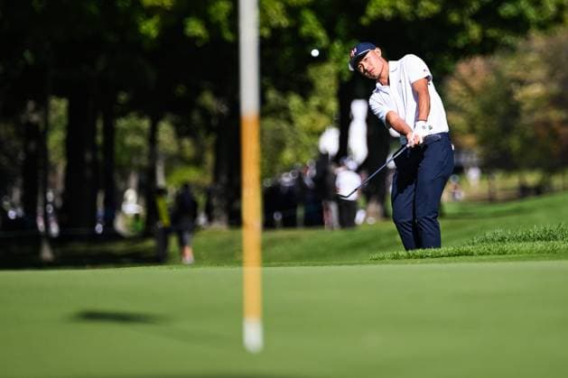 MONTREAL, QC - SEPTEMBER 26: Team USA golfer Collin Morikawa hits the ball on the eleventh hole at the 2024 Presidents Cup on September 26, 2024 at The Royal Montreal Golf Club in Montreal, QC (Photo by David Kirouac Icon Sportswire) GOLF: SEP 26 Presidents Cup EDITORIAL USE ONLY Icon240926068