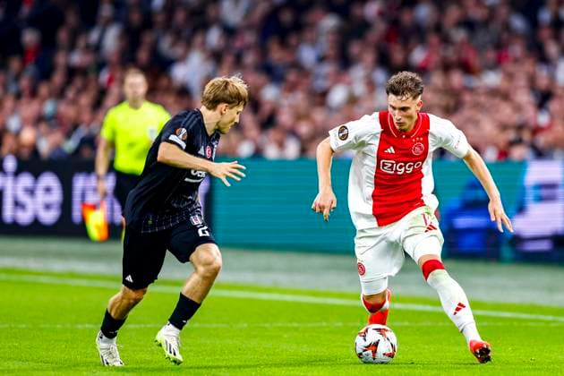 AMSTERDAM, 26-09-2024 , JohanCruijff Arena, football, UEFA Europa League, season 2024 2025, during the match Ajax - Besiktas, Ajax player Mika Godts and Besiktas player Jonas Svensson Ajax - Besiktas  x26343421x Copyright:
