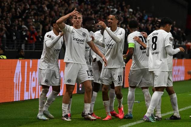 26 09 2024, xsltx, Fußball UEFA Europa League, Eintracht Frankfurt Viktoria Pilsen emspor, v l Torjubel nach dem Tor zum celebrating the goal celebrate 3 1 durch Rasmus Kristensen Eintracht Frankfurt DFL DFB REGULATIONS PROHIBIT ANY USE OF PHOTOGRAPHS as IMAGE SEQUENCES and or QUASI VIDEO Frankfurt am Main