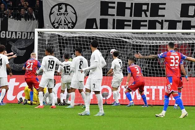 Soccer UEFA Europa League Matchday 1 Eintracht Frankfurt Viktoria Pilsen on 26 09 2024 at Deutsche Bank Park in Frankfurt Goal kick to 3 3 by Vaclav Jemelka Pilsen xJKx