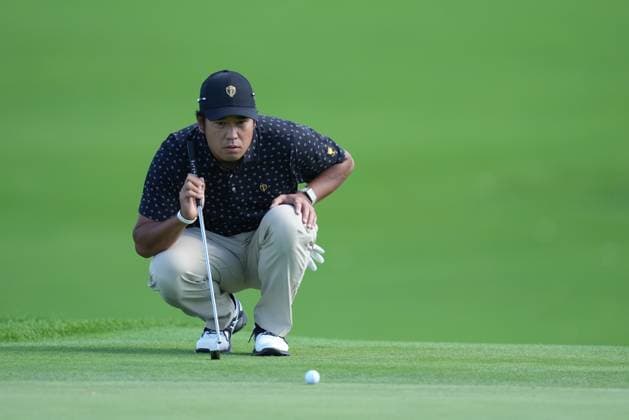 September 26, 2024, Montreal, Pq, Canada: International team member Hideki Matsuyama of Japan lines up a putt on the sixth hole during a first round four-ball match at the Presidents Cup golf tournament at the Royal Montreal Golf Club in Montreal, Thursday, Sept. 26, 2024. Canada News - September 26, 2024  - ZUMAc35_ 20240926_zaf_c35_156 Copyright: xChristinnexMuschix