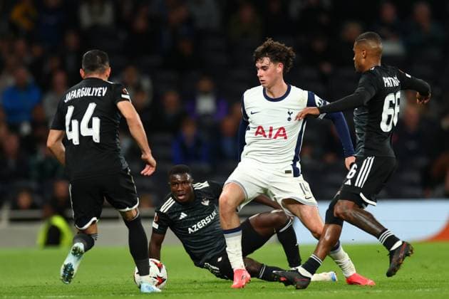 26th September 2024; Tottenham Hotspur Stadium, London, England; UEFA Europa League Football, Tottenham Hotspur versus Qarabag; Archie Gray of Tottenham Hotspur takes on Elvin Cafarguliyev and Patrick Andrade of Qarabag  ActionPlus12696766 ShaunxBrooks