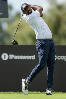 MONTREAL, QC - SEPTEMBER 26: Team USA golfer Sahith Theegala plays his shot from the second tee at the 2024 Presidents Cup on September 26, 2024 at The Royal Montreal Golf Club in Montreal, QC (Photo by Vincent Ethier Icon Sportswire) GOLF: SEP 26 Presidents Cup EDITORIAL USE ONLY Icon240926022