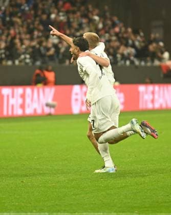 26 09 2024 Frankfurt am Main, Deutsche Bank Park UEFA Europa League Eintracht Frankfurt Viktoria Pilsen Goal celebration after Rasmus Kristensens goal 13, Eintracht Frankfurt DFL DFB REGULATIONS PROHIBIT ANY USE OF PHOTOGRAPHS AS IMAGE SEQUENCES AND OR QUASI VIDEO