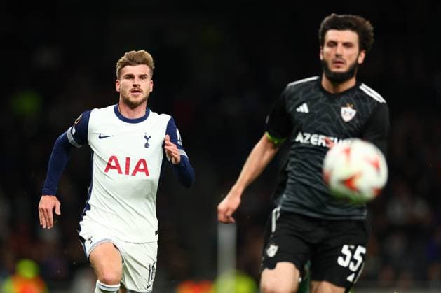 26th September 2024; Tottenham Hotspur Stadium, London, England; UEFA Europa League Football, Tottenham Hotspur versus Qarabag; Timo Werner of Tottenham Hotspur closes down Badavi Guseynov of Qarabag  ActionPlus12696769 ShaunxBrooks