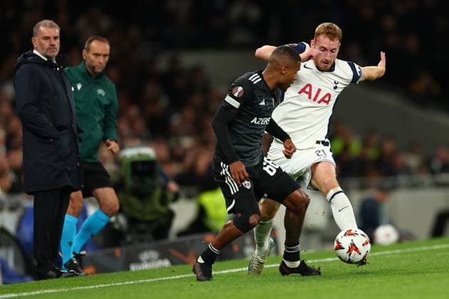 26th September 2024; Tottenham Hotspur Stadium, London, England; UEFA Europa League Football, Tottenham Hotspur versus Qarabag; Dejan Kulusevski of Tottenham Hotspur challenges Patrick Andrade of Qarabag  ActionPlus12696774 ShaunxBrooks
