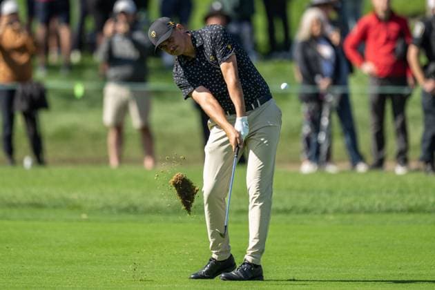 MONTREAL, QC - SEPTEMBER 26: International Team golfer Christiaan Bezuidenhout plays his shot from the fairway at the 2024 Presidents Cup on September 26, 2024 at The Royal Montreal Golf Club in Montreal, QC (Photo by Vincent Ethier Icon Sportswire) GOLF: SEP 26 Presidents Cup EDITORIAL USE ONLY Icon240926075
