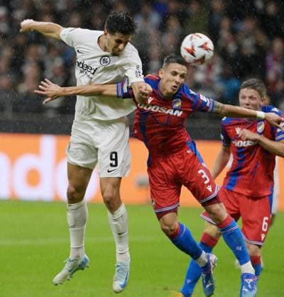 Svetozar Markovic re vs Igor Matanovic photographed at the soccer Euro League match Eintracht Frankfurt vs Viktoria Pilsen on 26 9 2024 in Frankfurt DFL DFB REGULATIONS PROHIBIT ANY USE OF PHOTOGRAPHS as IMAGE SEQUENCES and or QUASI VIDEO