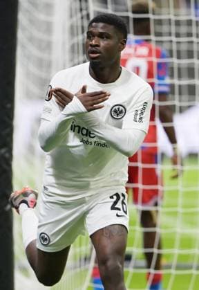 Goal celebration of Eric Junior Dina Ebimbe after his goal to 2 1 photographed at the soccer Euro League match Eintracht Frankfurt against Viktoria Pilsen on 26 9 2024 in Frankfurt DFL DFB REGULATIONS PROHIBIT ANY USE OF PHOTOGRAPHS as IMAGE SEQUENCES and or QUASI VIDEO