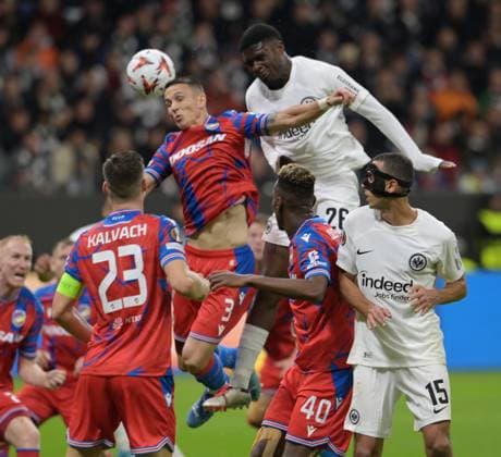 Eric Junior Dina Ebimbe re vs Lukas Kalvach photographed at the soccer Euro League match Eintracht Frankfurt vs Viktoria Pilsen on 26 9 2024 in Frankfurt DFL DFB REGULATIONS PROHIBIT ANY USE OF PHOTOGRAPHS as IMAGE SEQUENCES and or QUASI VIDEO