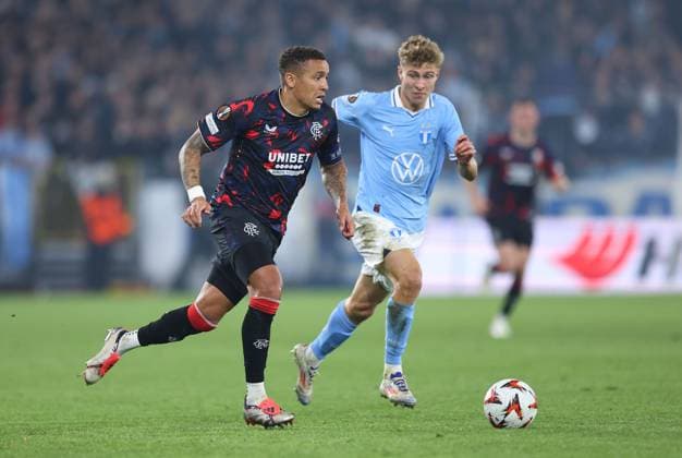 Hugo Bolin of Malmo and James Tavernier of Rangers Malmo v Rangers, UEFA Europa League, Group Stage, Football, Eleda Stadion, Malmo, Sweden, 26 Sep 2024 EDITORIAL USE ONLY No use with unauthorised audio, video, data, fixture lists, club league logos or live services. Online in-match use limited to 120 images, no video emulation. No use in betting, games or single club league player publications.  Copyright: xMichaelxZemanek Shutterstockx 14739047bu