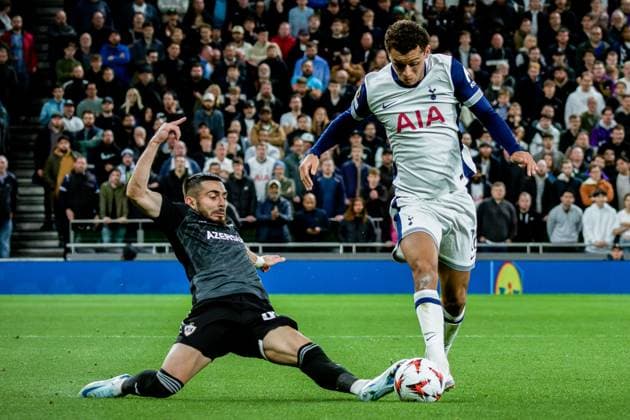London, England, September 27 2024: Elvin Cafarquliyev (44 Qarabag FK) and Brennan Johnson (22 Tottenham Hotspur) in action during the UEFA Europa League game between Tottenham Hotspur and Qarabag FK at Tottenham Hotspur Stadium in London, England. (Pedro Porru SPP) Copyright: xPedroxPorrux xSPPx spp-en-PePoSp-4F8A6311_DxO