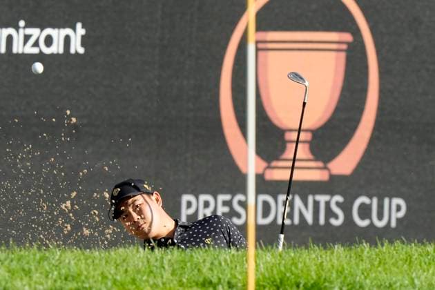 September 26, 2024, Montreal, Pq, Canada: International team member Tom Kim of South Korea hits out of a green side bunker on the 13th hole during their first round four-ball match at the Presidents Cup golf tournament at the Royal Montreal Golf Club in Montreal, Thursday, Sept. 26, 2024. Canada News - September 26, 2024  - ZUMAc35_ 20240926_zaf_c35_227 Copyright: xFrankxGunnx