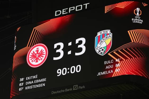 UEFA Europa League Eintracht Frankfurt Viktoria Pilsen on 26 09 2024 at Deutsche Bank Park in Frankfurt Scoreboard Video screen with the official final score 3 to 3 MH