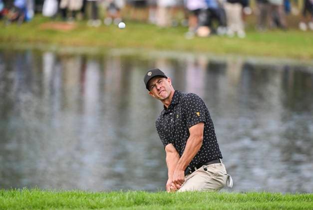 September 26, 2024, Montreal, Pq, Canada: International team member Adam Scott of Australia plays a shot out of the bunker on the 16th hole during his first round four-ball match at the Presidents Cup golf tournament at the Royal Montreal Golf Club in Montreal, Thursday, Sept. 26, 2024. Adam Scott,  - ZUMAc35_ 20240926_zaf_c35_273 Copyright: xGrahamxHughesx