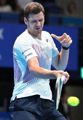 September 27, 2024, Tokyo, Japan - Hubert Hurkacz of Poland retuens the ball against Jack Draper of Britain at the second round match of the Japan Open Tennis championships at the Ariake Colosseum in Tokyo on Friday, September 27, 2024. (photo by Yoshio Tsunoda AFLO) Noxthirdxpartyxsales  (0765074736st)