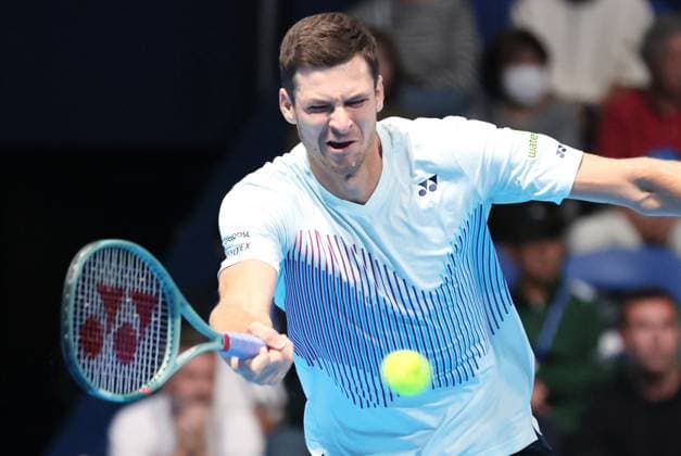 September 27, 2024, Tokyo, Japan - Hubert Hurkacz of Poland retuens the ball against Jack Draper of Britain at the second round match of the Japan Open Tennis championships at the Ariake Colosseum in Tokyo on Friday, September 27, 2024. (photo by Yoshio Tsunoda AFLO) Noxthirdxpartyxsales  (0765074737st)