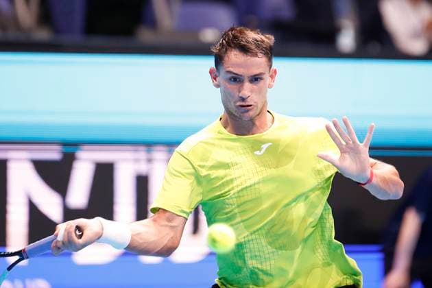 September 27, 2024, Tokyo, Japan: Mariano NAVONE (ARG) hits a return against Ben SHELTON (USA) during a Men s Singles match of the Kinoshita Group Japan Open Tennis Championships 2024 at the Ariake Coloseum. This is the longest-running ATP, Tennis Herren Tour tournament in Asia, first held in 1972. The tournaments run from September 23 to October 1st. Tokyo Japan - ZUMAm191 20240927_aap_m191_027 Copyright: xRodrigoxReyesxMarinx