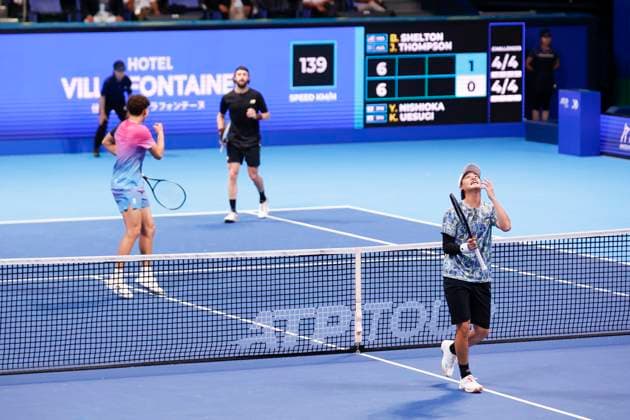 September 27, 2024, Tokyo, Japan: Kaito UESUGI (JPN) reacts during his doubles match against Ben SHELTON (USA) and Jordan THOMPSON (AUS) for the Kinoshita Group Japan Open Tennis Championships 2024 at the Ariake Coloseum. This is the longest-running ATP, Tennis Herren Tour tournament in Asia, first held in 1972. The tournaments run from September 23 to October 1st. Tokyo Japan - ZUMAm191 20240927_aap_m191_034 Copyright: xRodrigoxReyesxMarinx